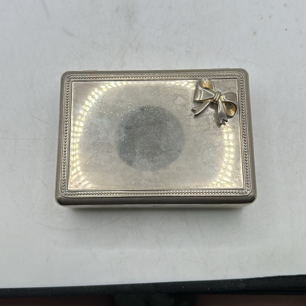 Vintage Silver Plated Jewelry Trinket Box Gold Tone Bow Velvet Lined Mirror Case